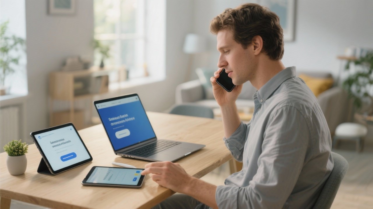 Customer seamlessly using multiple devices for omnichannel service experience across smartphone tablet and laptop
