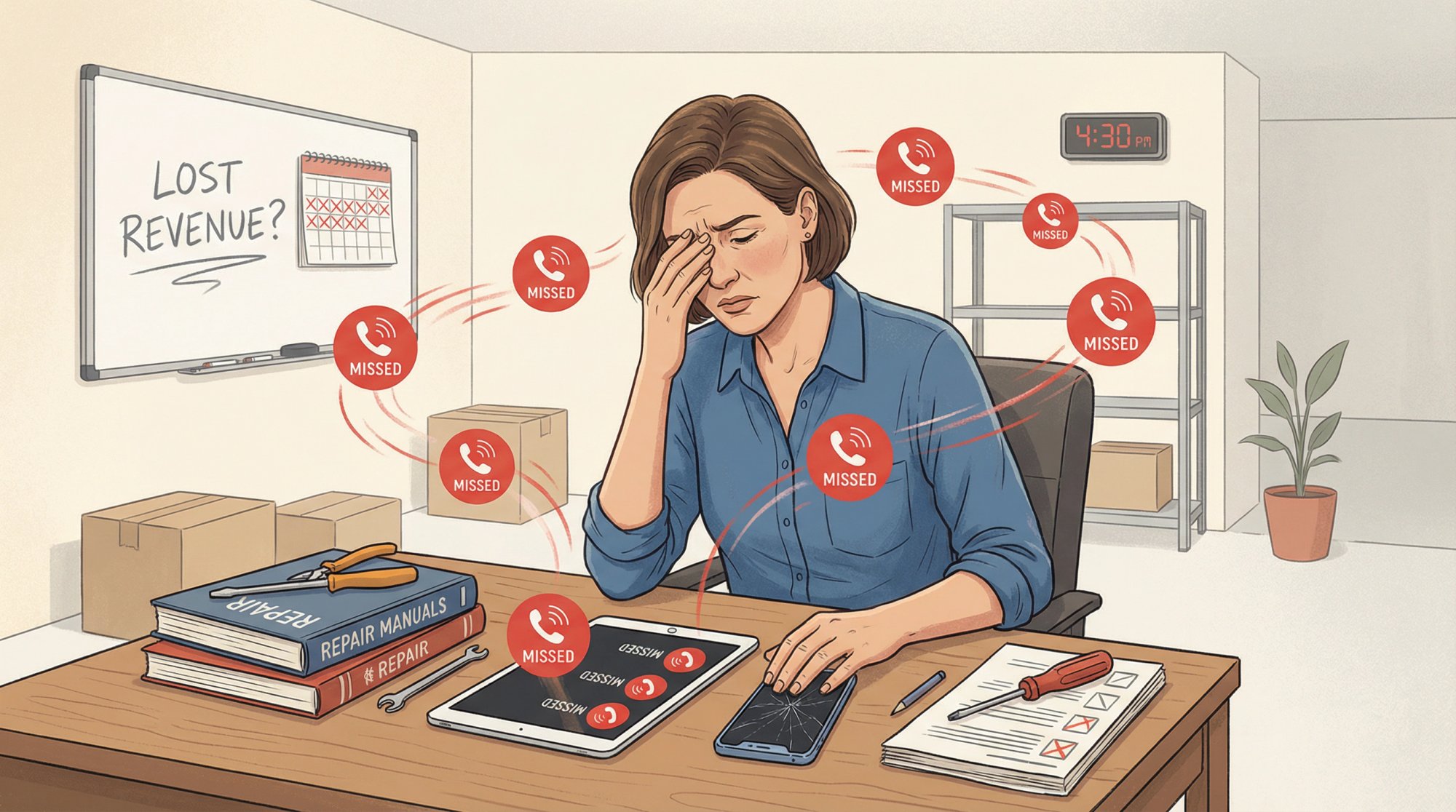 Business owner frustrated by missed call notifications, representing lost revenue opportunity