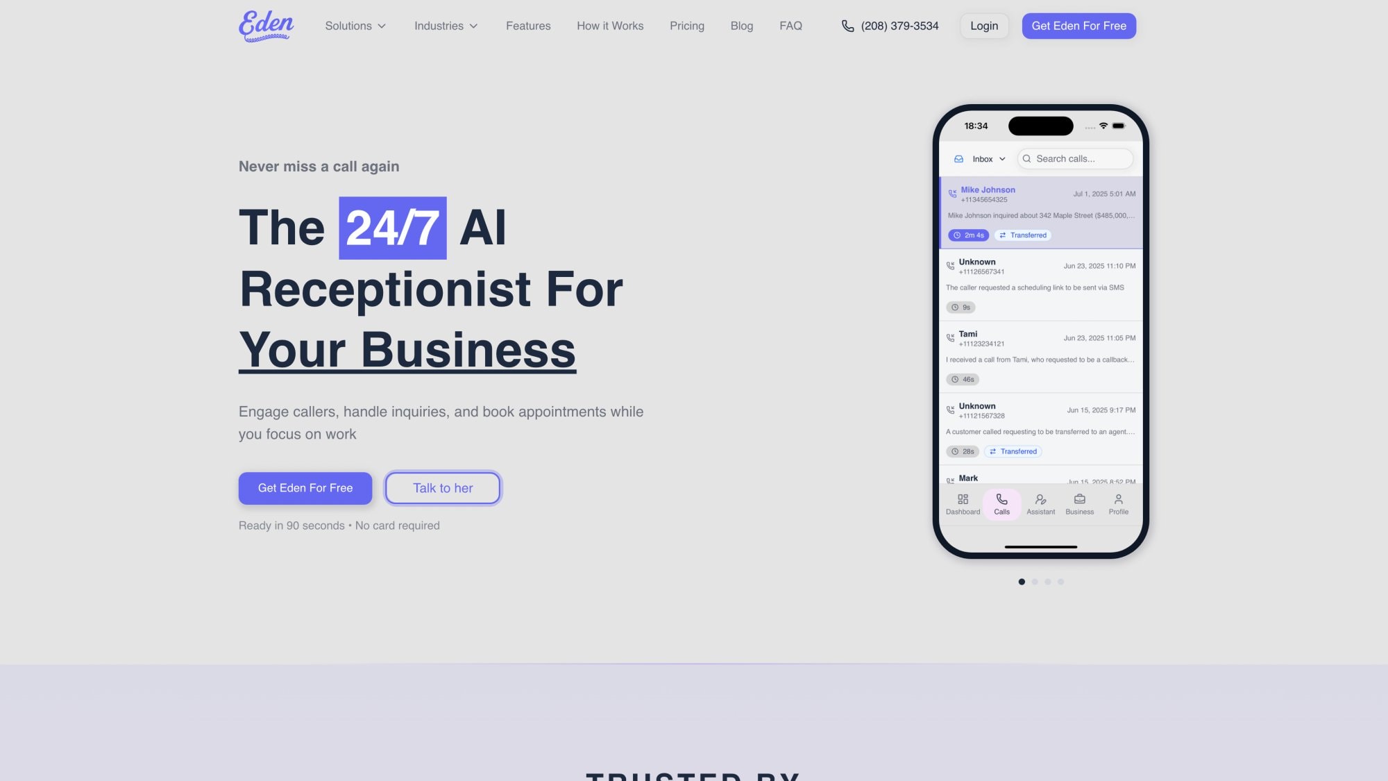 Eden AI receptionist homepage showing 24/7 call answering solution for small businesses