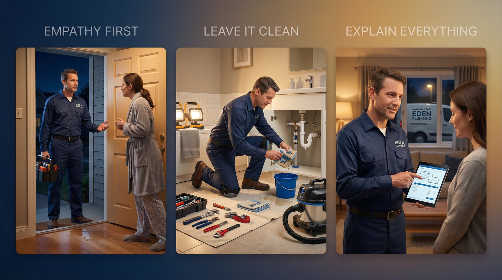 Professional plumber demonstrating empathy and clear communication with homeowner during late-night emergency repair visit