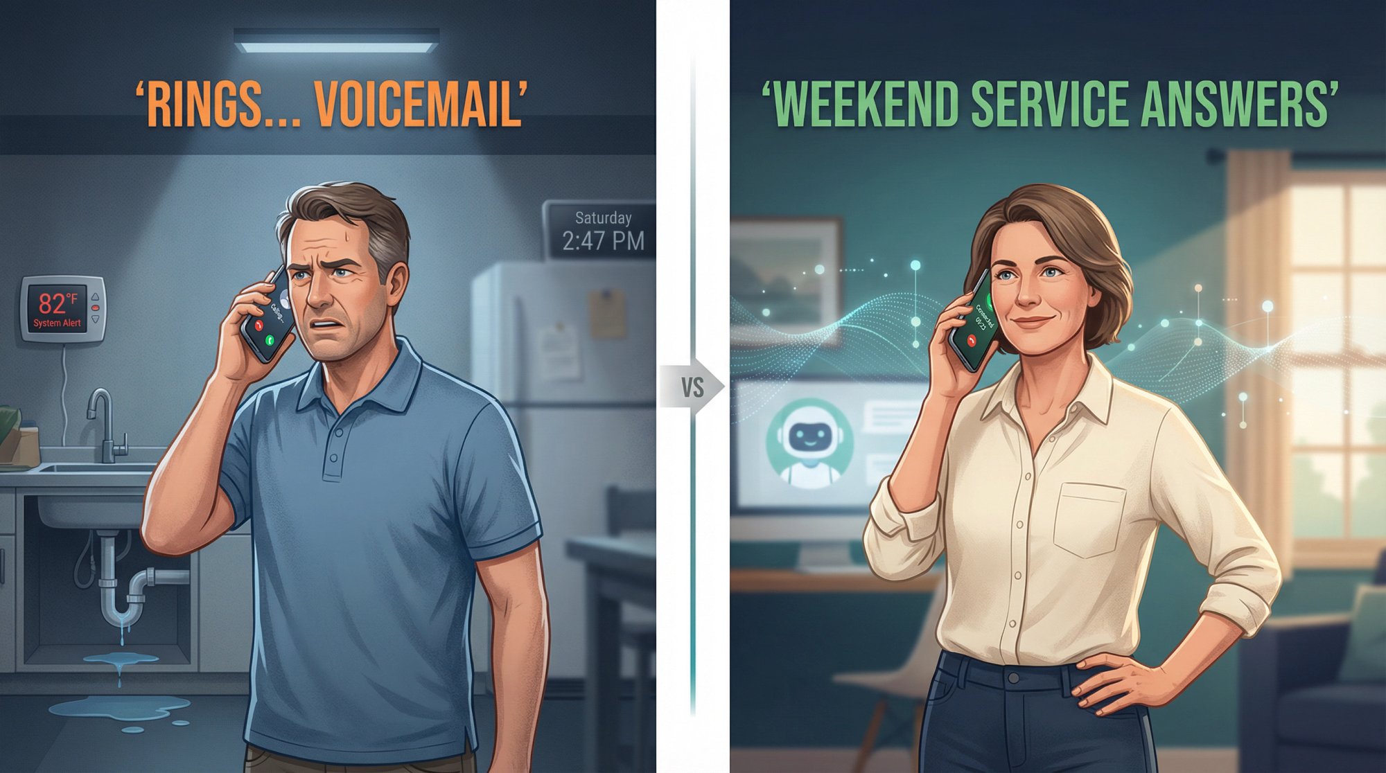Split-screen comparison showing a frustrated customer calling on Saturday getting voicemail versus a relieved customer being answered by professional weekend service