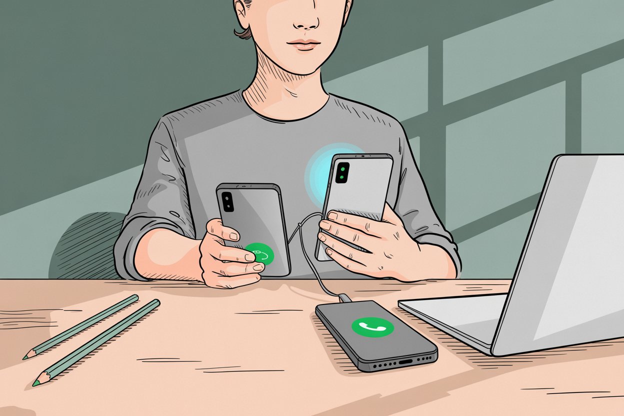 Hand-drawn illustration of person testing call forwarding setup with two phones