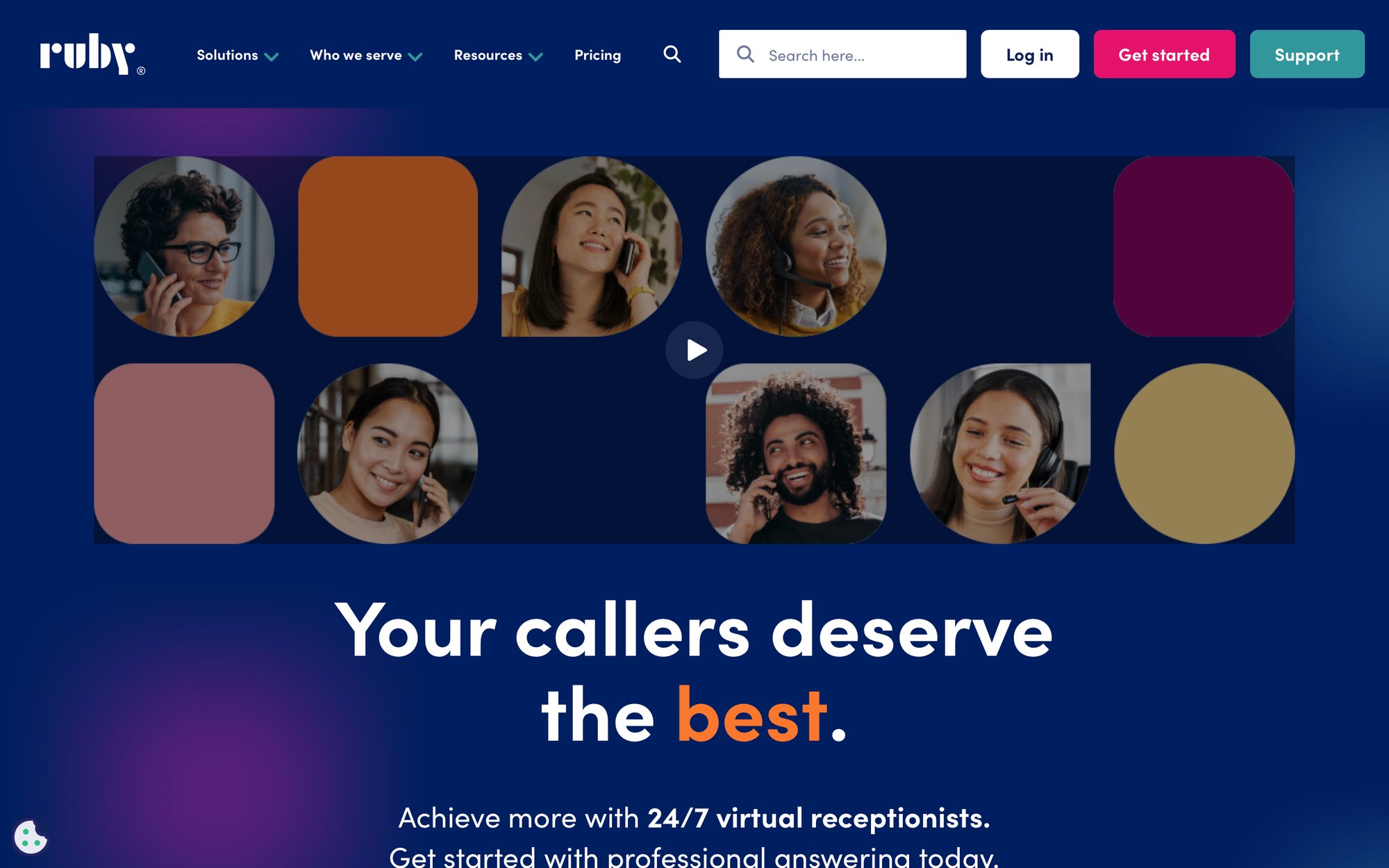 Website header for Ruby, featuring diverse virtual receptionists assisting callers with phone support.