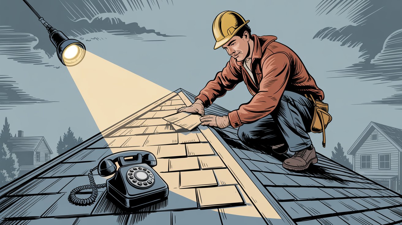 Roofer working on a pitched roof with a phone ringing nearby, illustrating the challenge of answering calls while performing roofing work