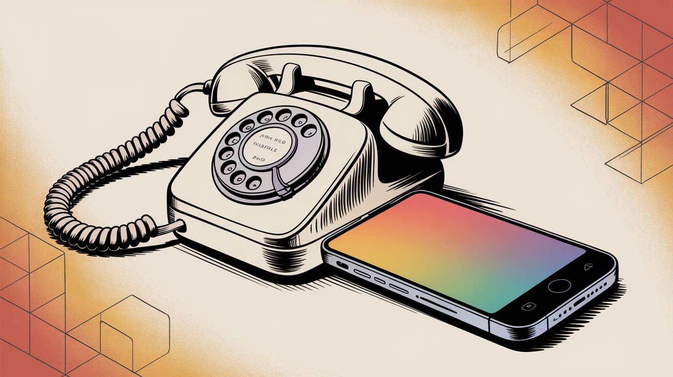 Before and after visual showing the transformation from being desk-bound with landline to mobile freedom with cell phone