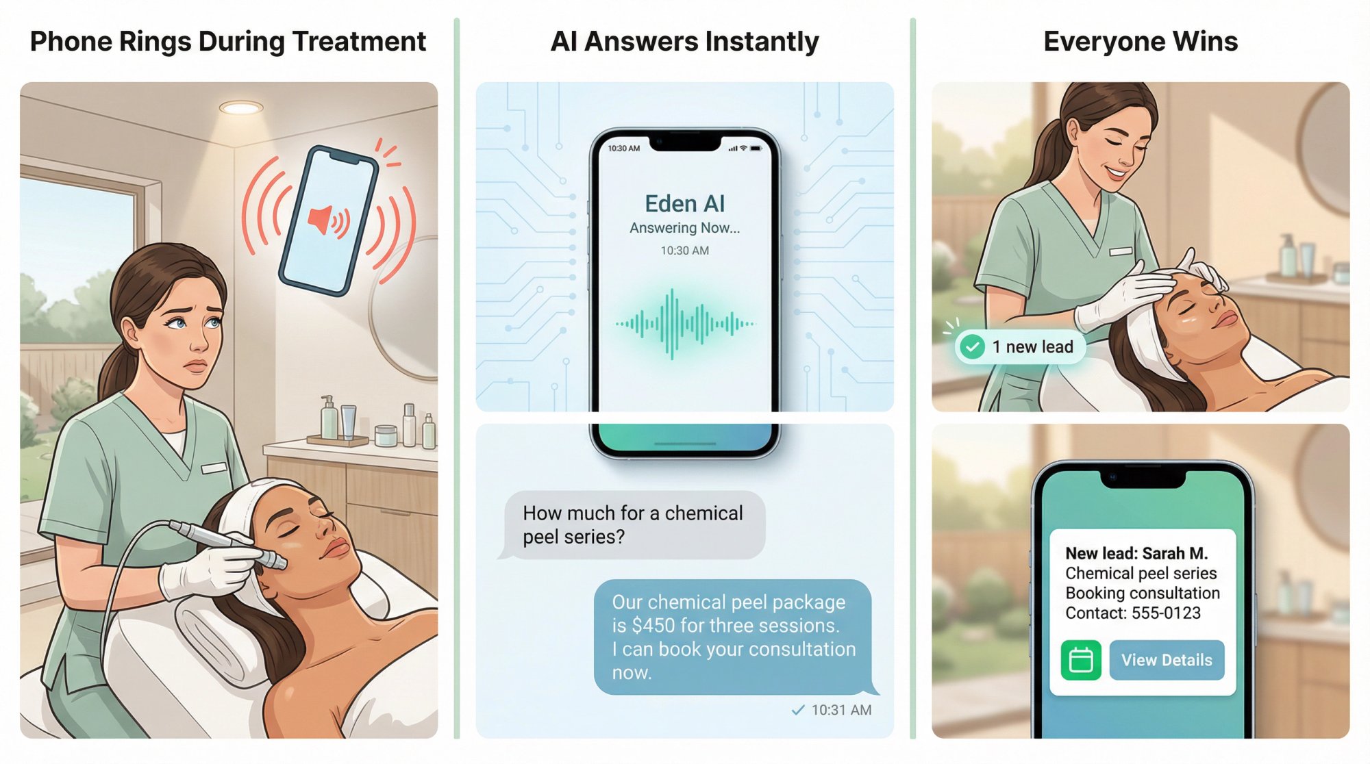 Three-panel storyboard showing AI receptionist handling calls during skincare treatments without staff interruption