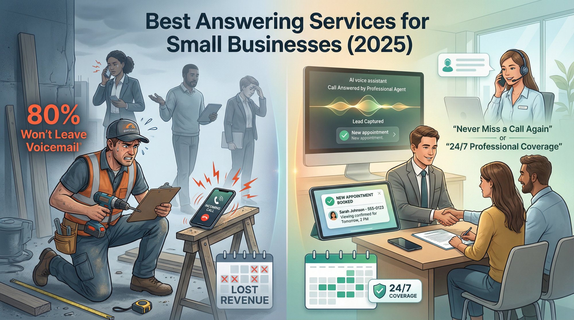 Split-screen illustration showing a small business owner missing calls versus a modern answering service capturing every lead
