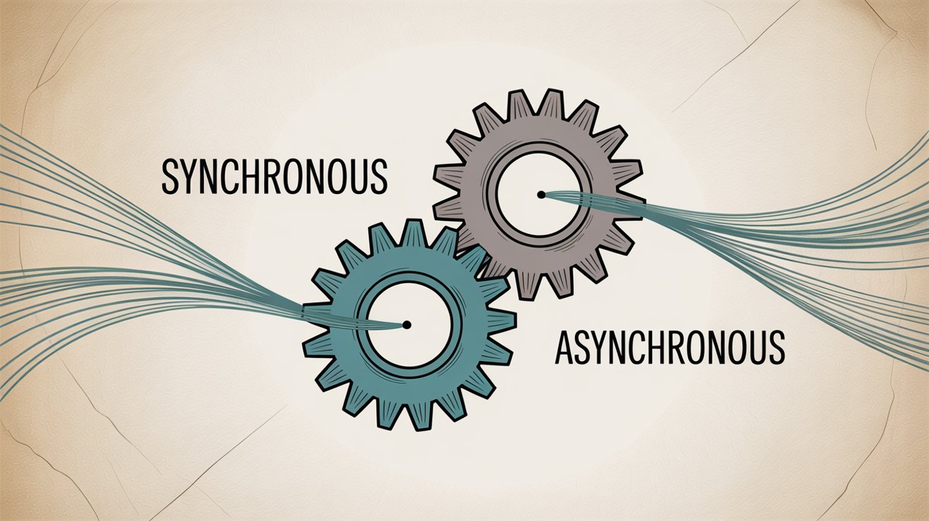 Two interconnected gears labeled synchronous and asynchronous communication working together