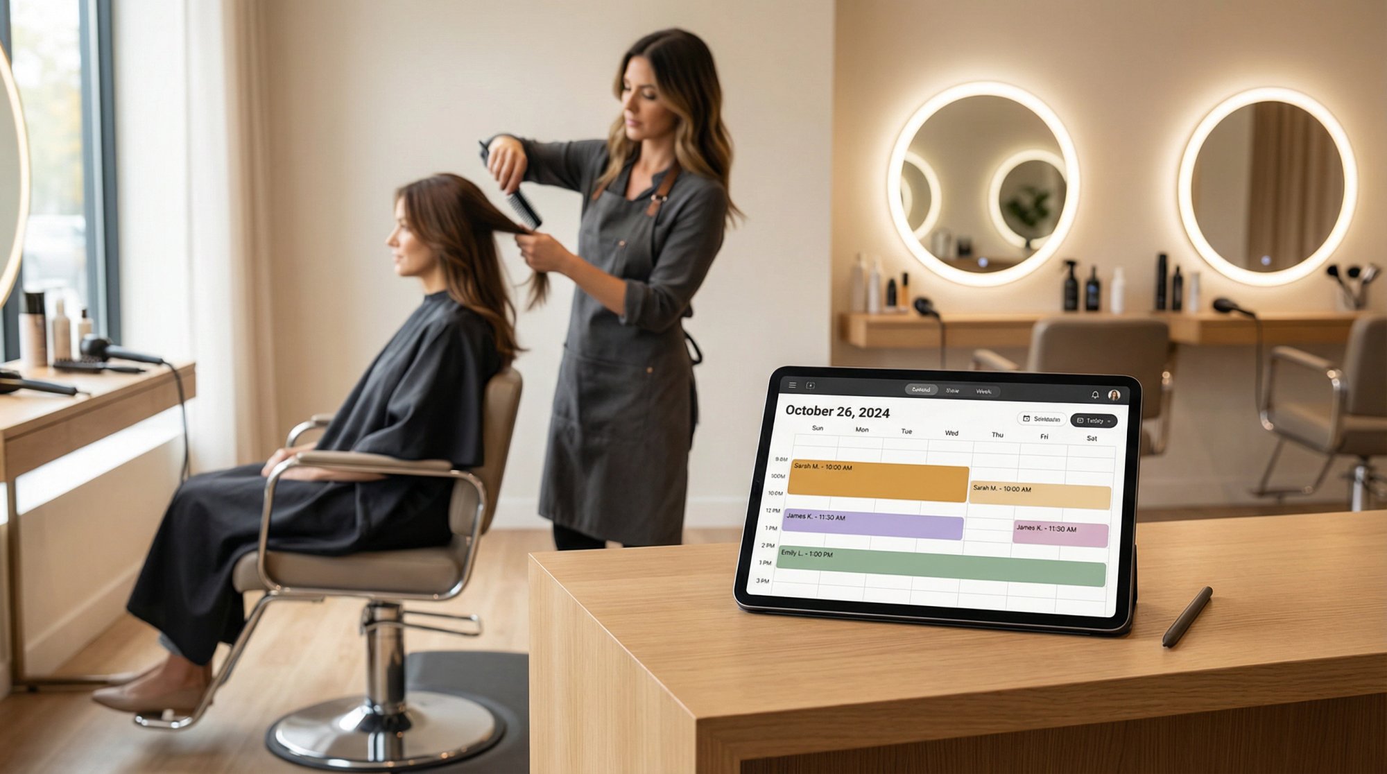 Modern salon interior with stylist working while digital appointment calendar displays on tablet in foreground