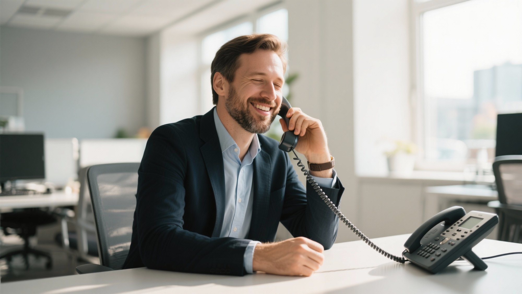 Successful business owner in peaceful productive office with reliable AI phone system - showing the transformation from stressed to satisfied