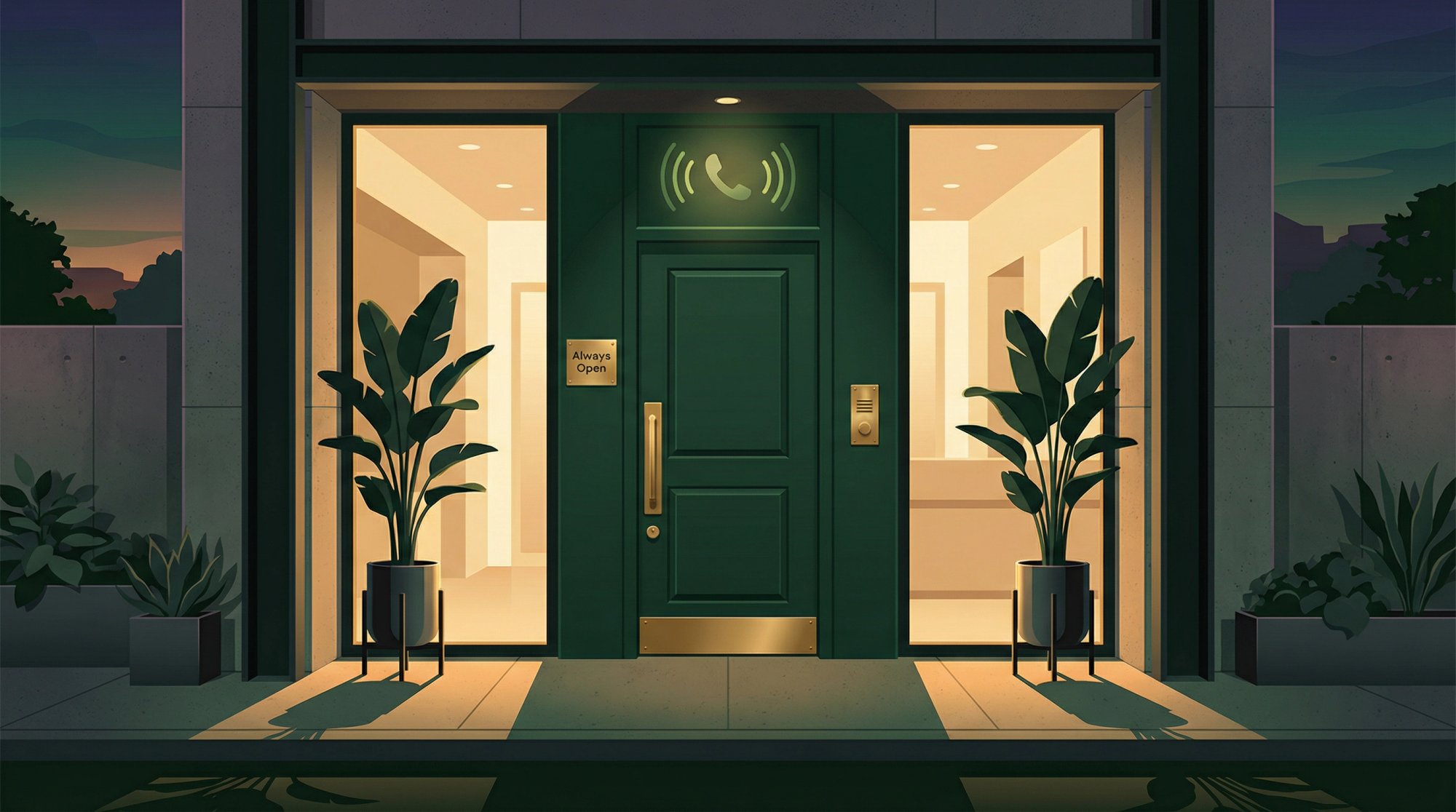Modern business front door with glowing phone indicator showing AI receptionist always on duty, representing Eden answering every call