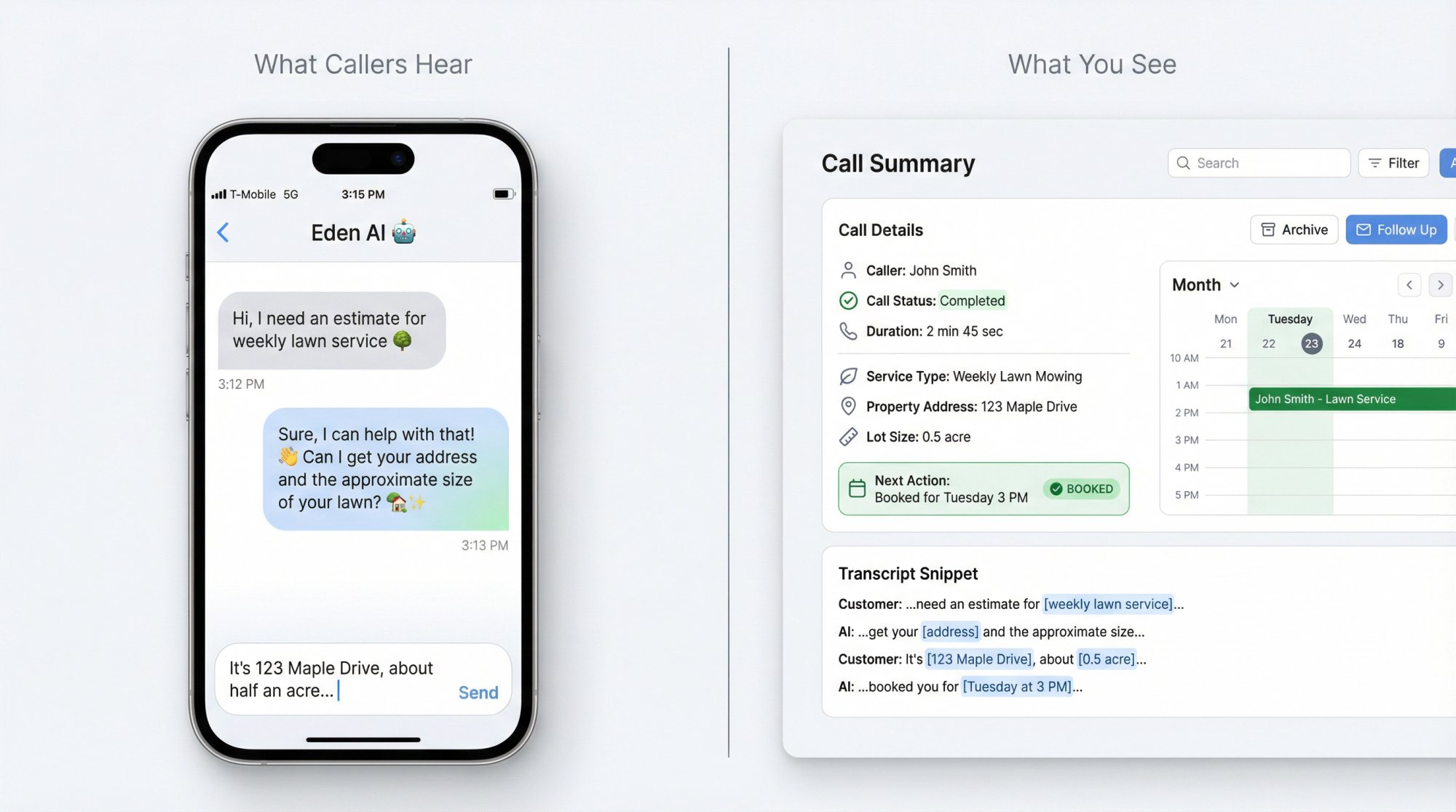 Split-screen comparison of natural AI conversation with caller on left and Eden dashboard call management on right, showing transcripts and calendar integration