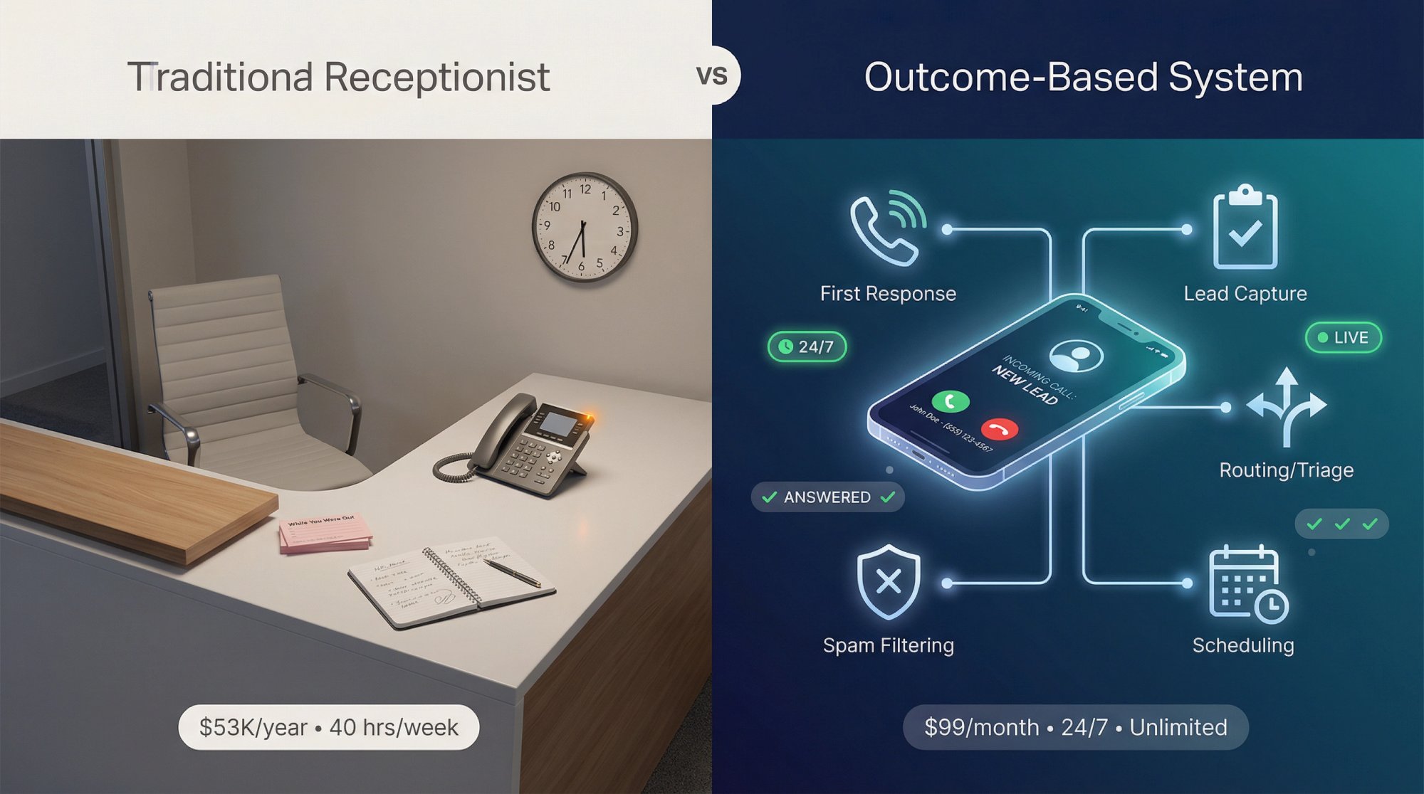 Split-screen comparison showing traditional receptionist desk versus modern AI-powered phone system with call routing visualization