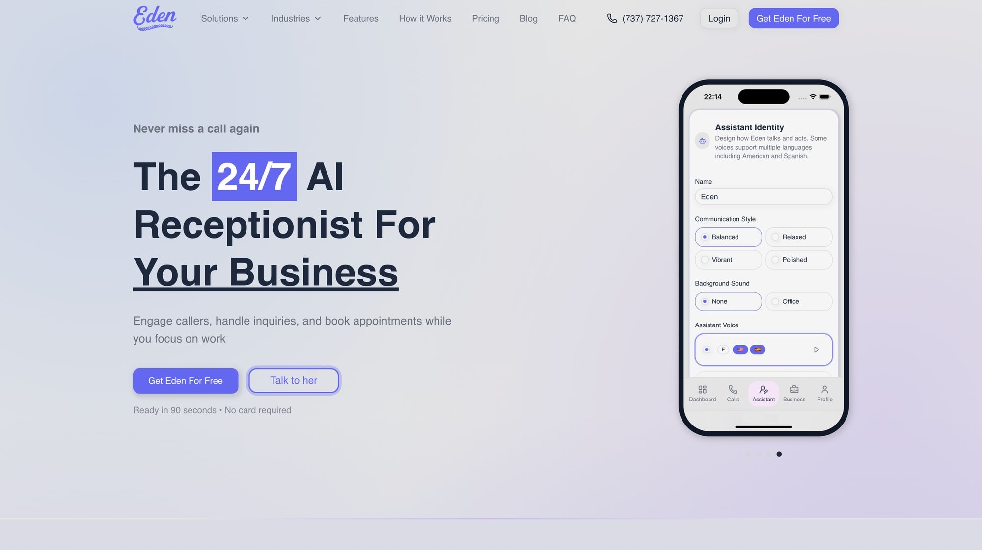 Eden website homepage showcasing a 24/7 AI Receptionist service with a phone displaying assistant settings.