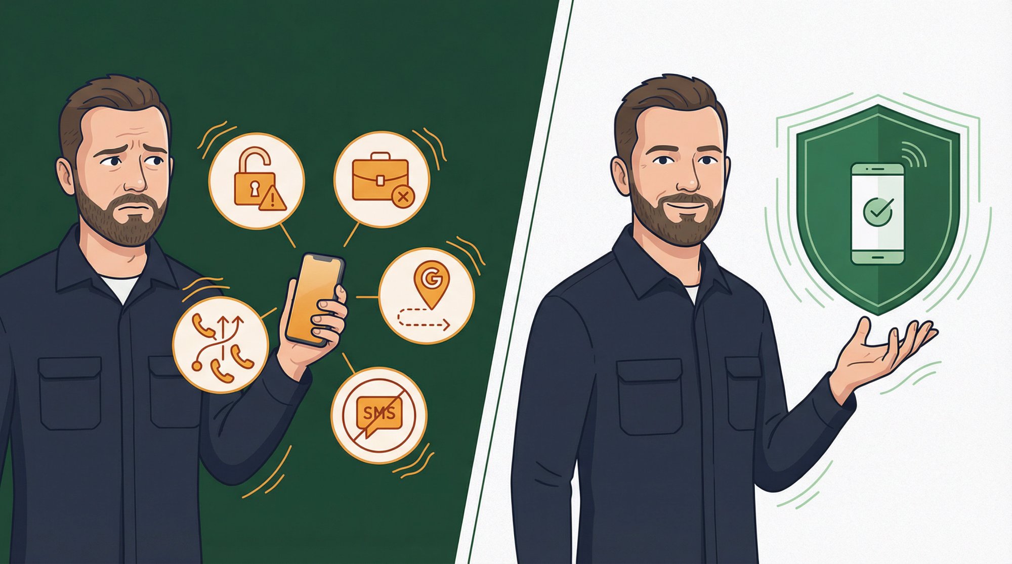 Editorial illustration of a small business owner weighing personal phone risks against the benefits of a dedicated business phone number