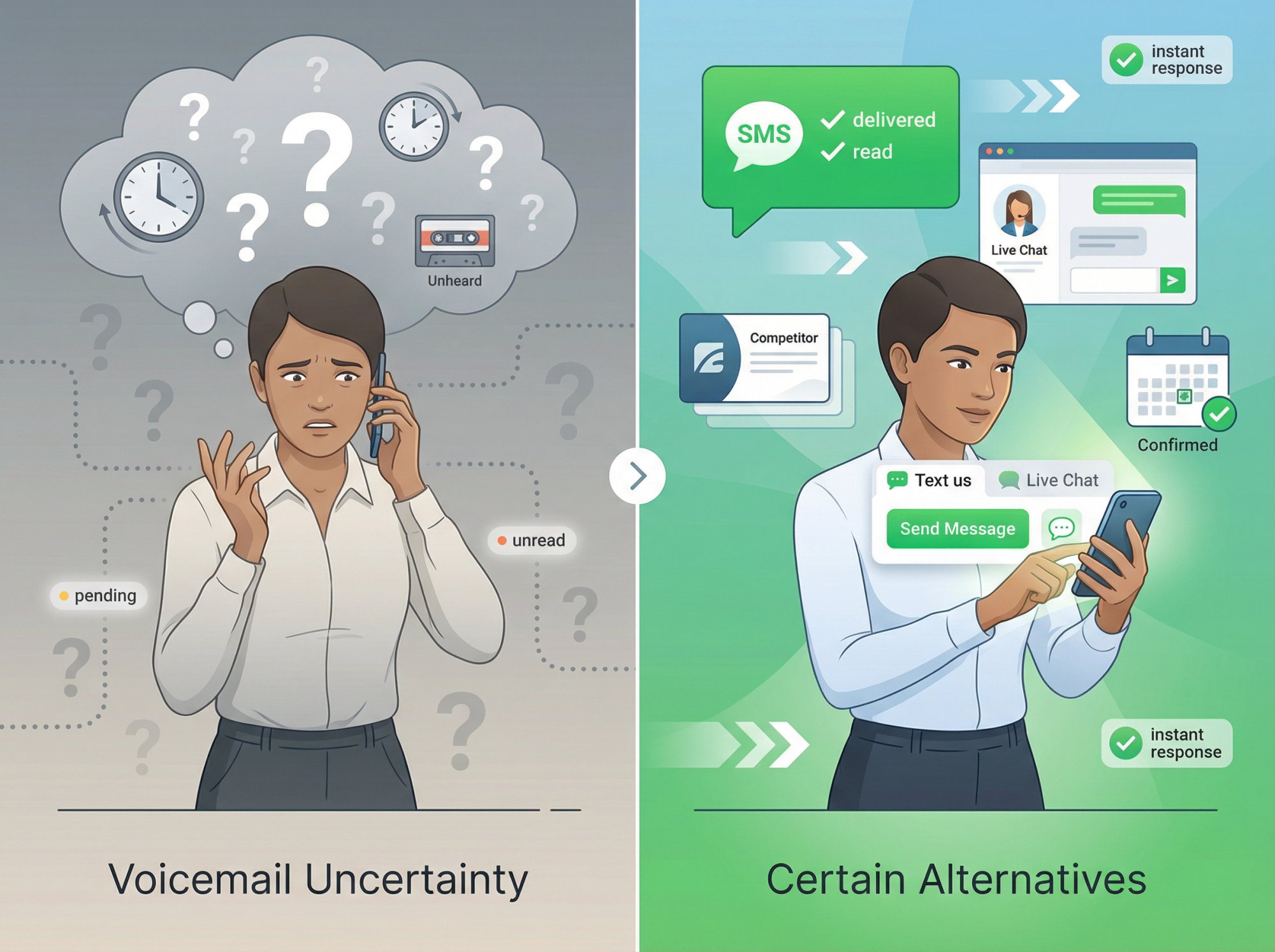 Split illustration showing caller's decision: uncertain voicemail path vs confident alternative actions