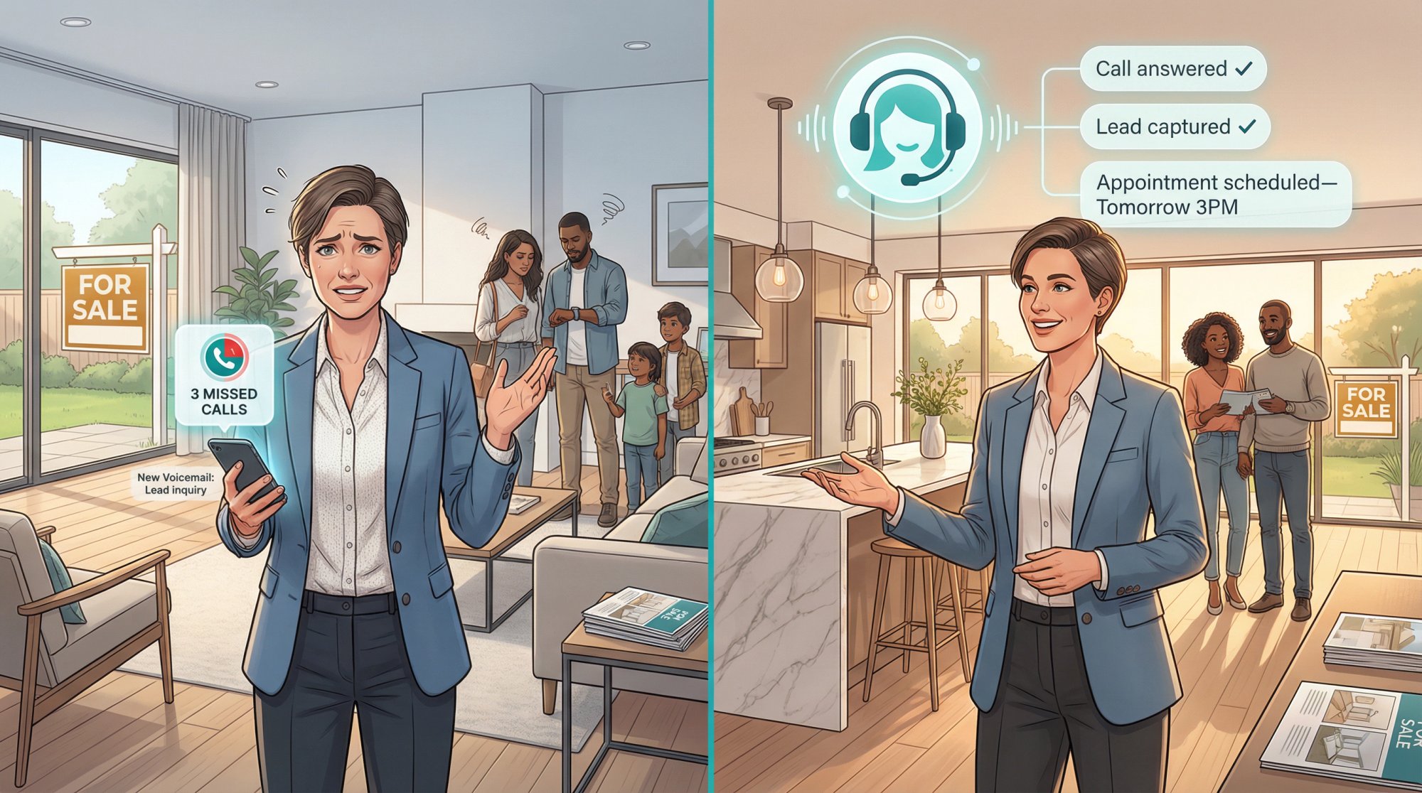 Split-panel illustration contrasting missed real estate calls with professional answering service handling inquiries