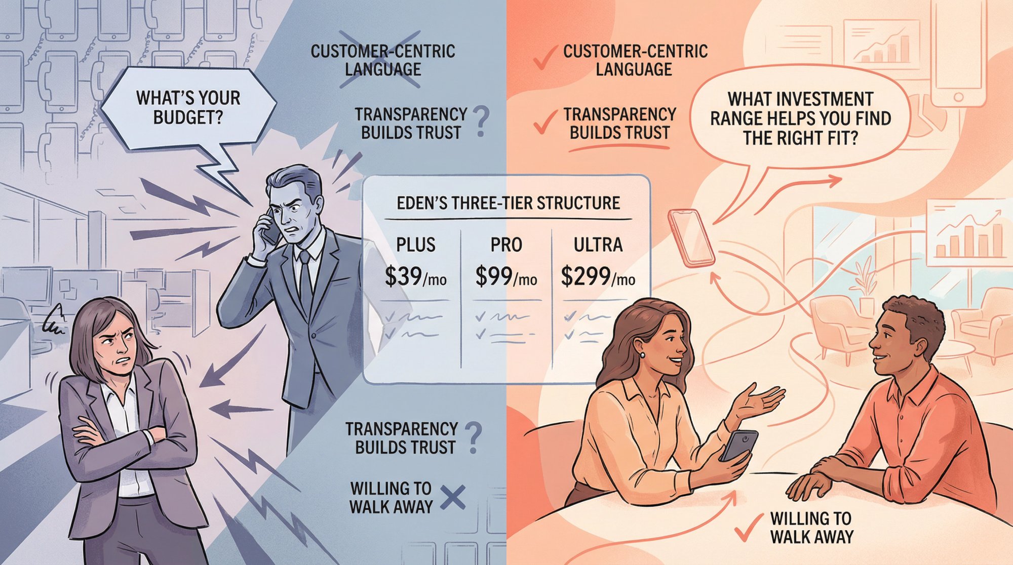 Side-by-side comparison showing pushy vs consultative budget conversation approaches with visual cues for professional phone qualification