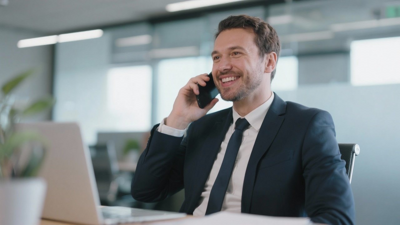 Business professional successfully managing phone communications with confidence and satisfaction