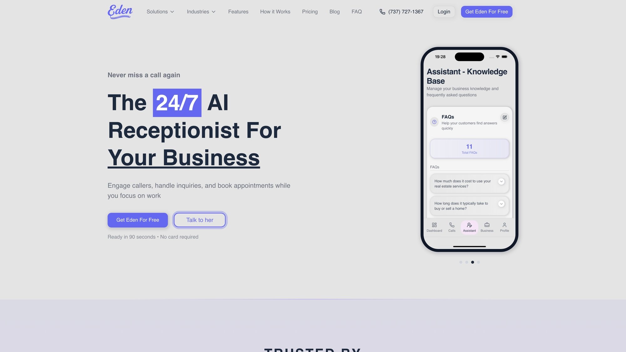 Eden AI phone answering service homepage showing 24/7 call handling features and pricing plans for small businesses