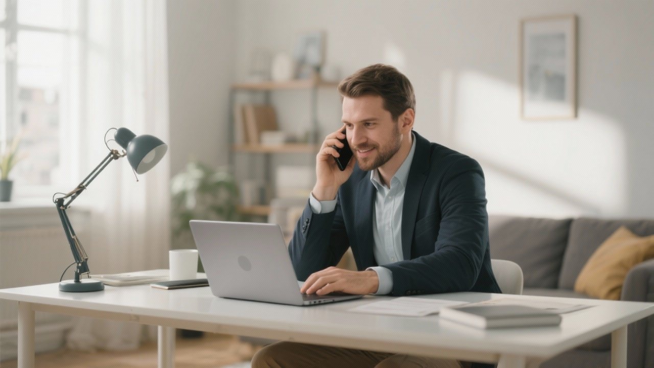 Professional working remotely from home office with virtual phone system