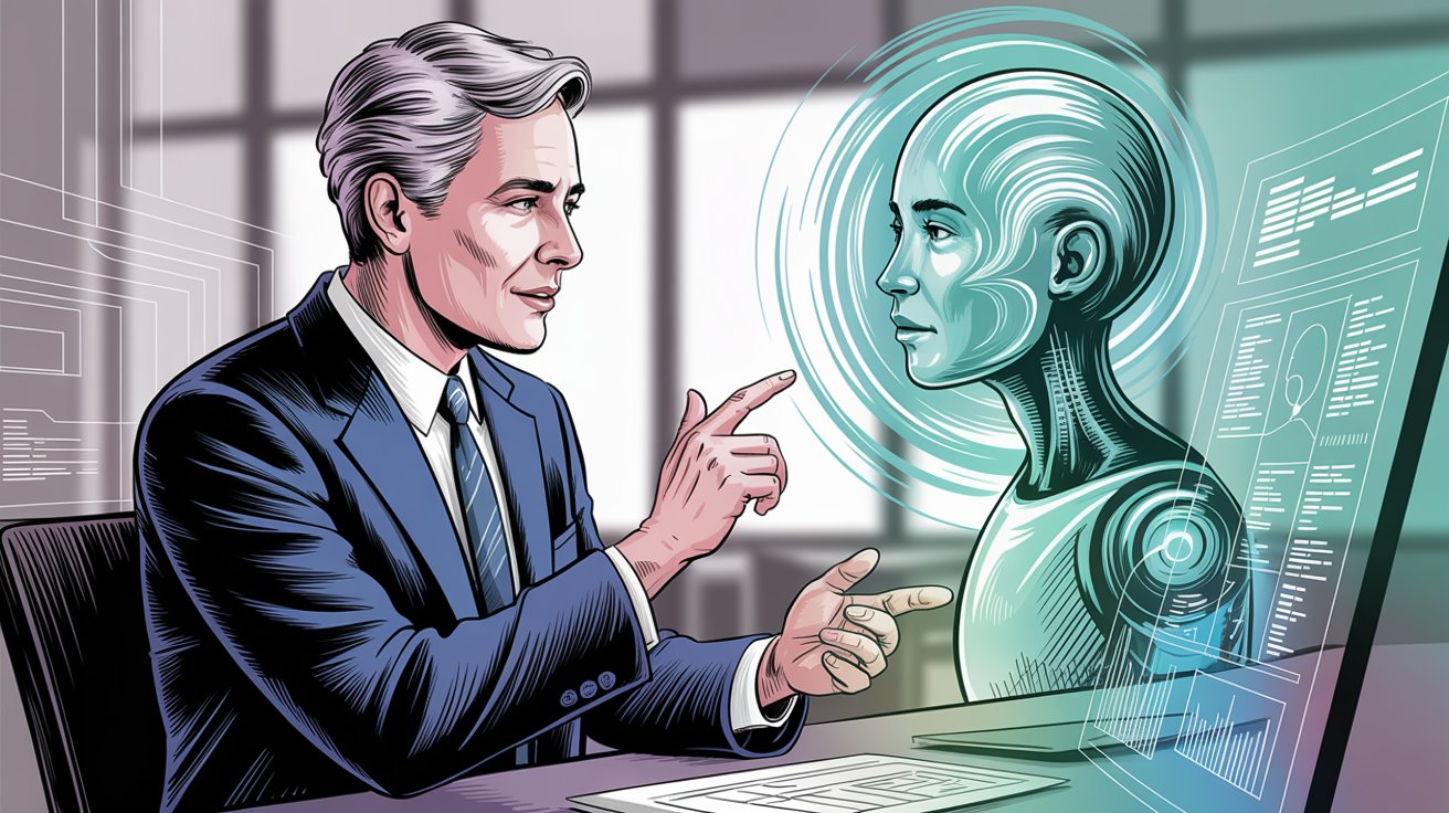 Professional insurance agent collaborating with AI receptionist technology in a modern office setting