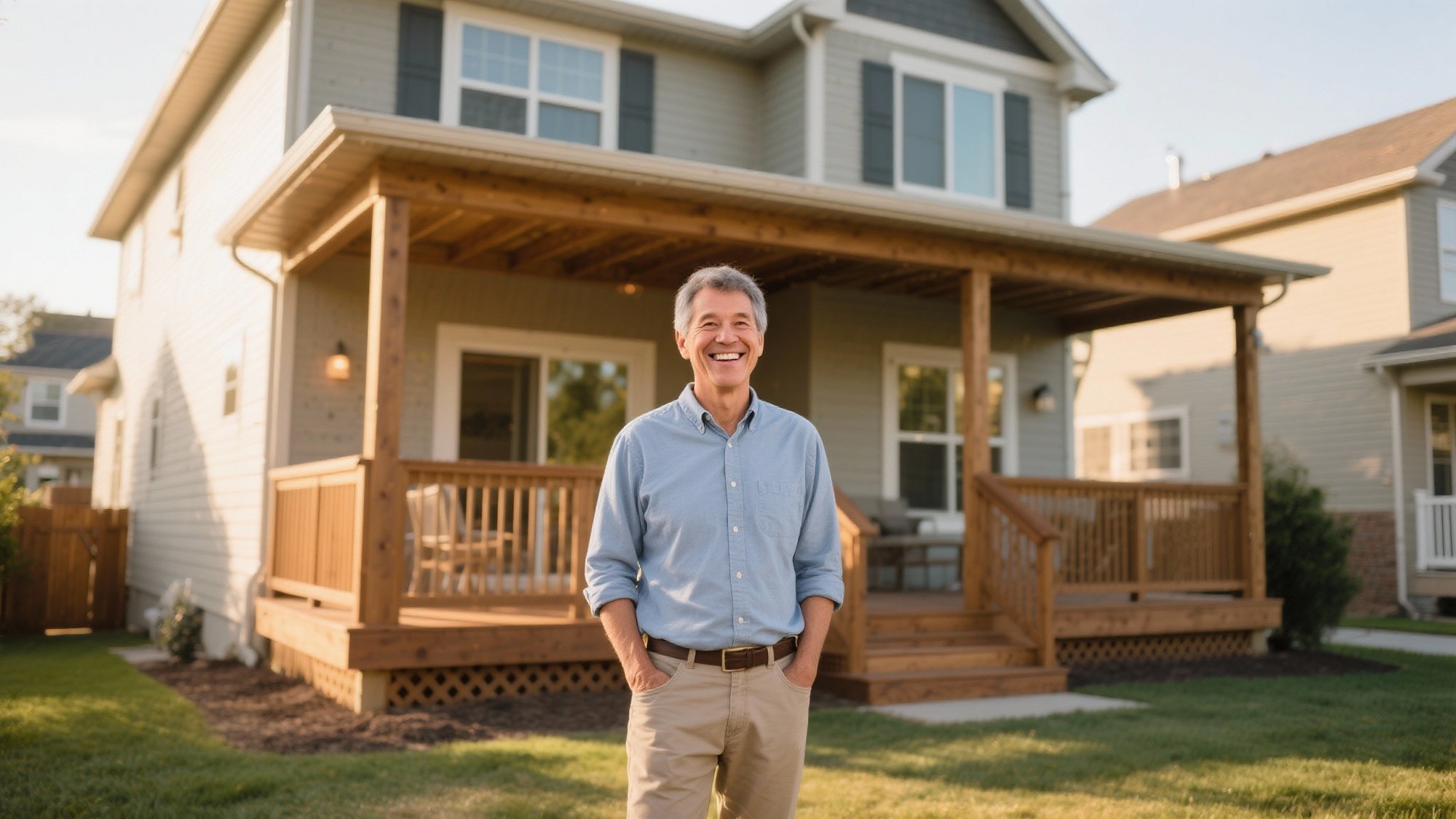 Satisfied homeowner standing proudly in front of newly completed deck and patio addition, representing successful repeat business relationships