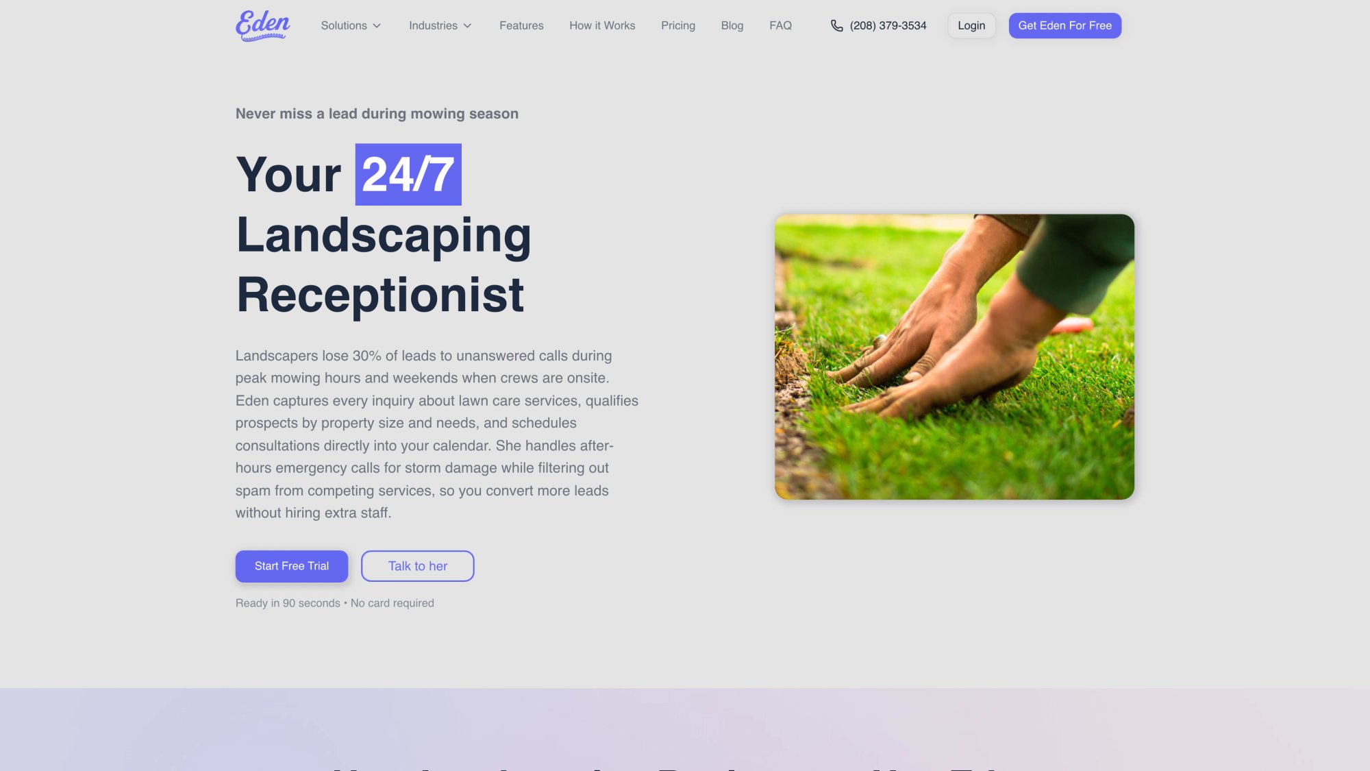 Eden's landscaping answering service page highlighting 24/7 call coverage, bilingual support, and industry-specific AI training
