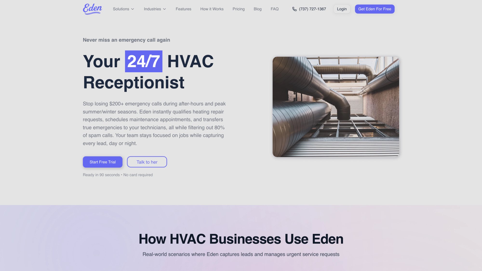 Eden's HVAC answering service industry page highlighting 24/7 emergency call handling and appointment booking