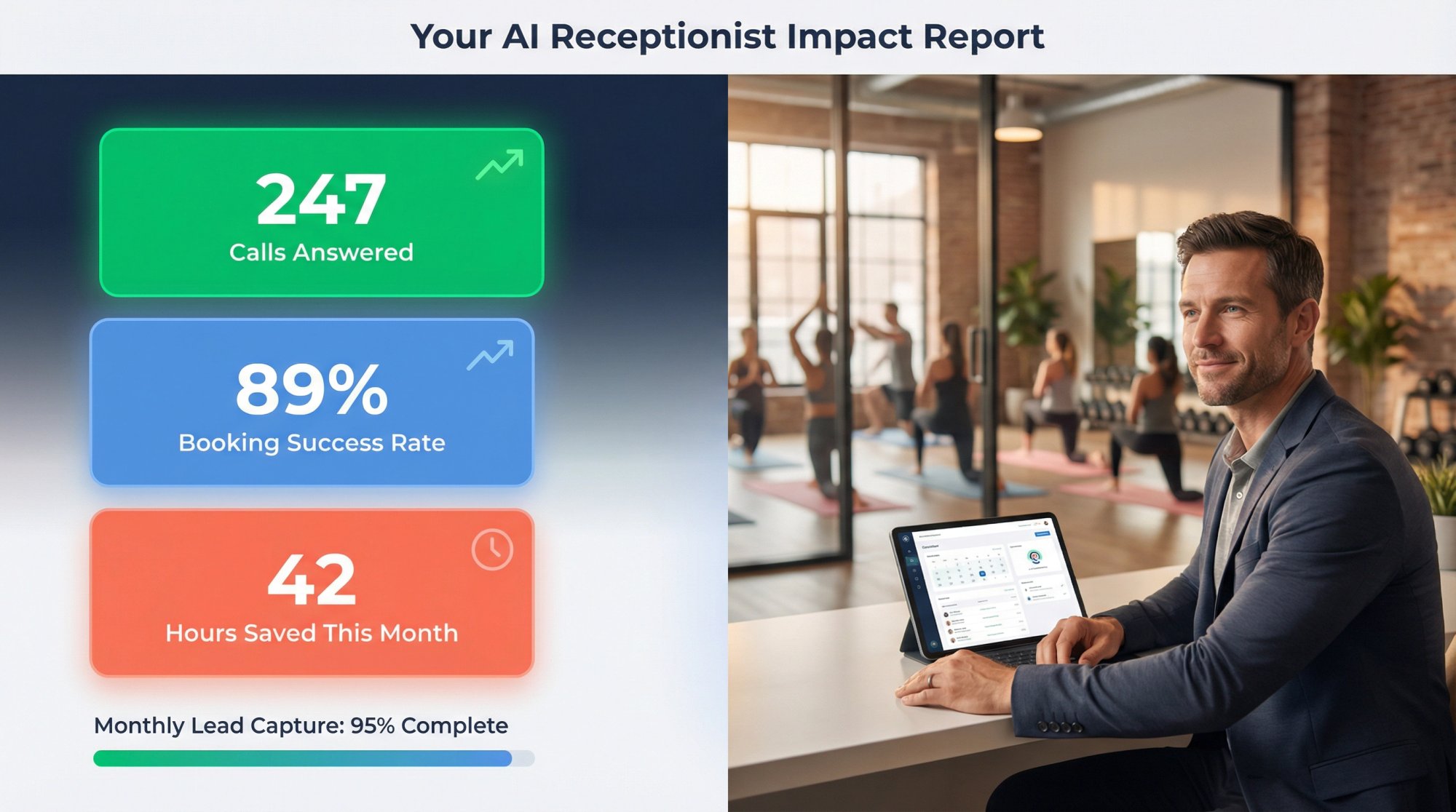 Modern dashboard showing gym receptionist AI results: call metrics, booking confirmations, and satisfied gym owner with staff in fitness background