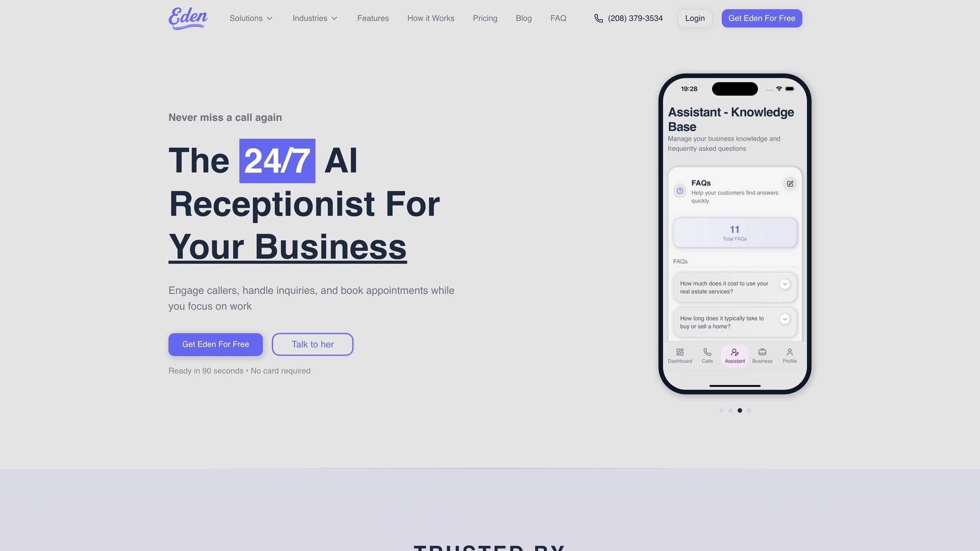 Eden AI receptionist dashboard showing 24/7 call answering, lead capture, and appointment booking interface