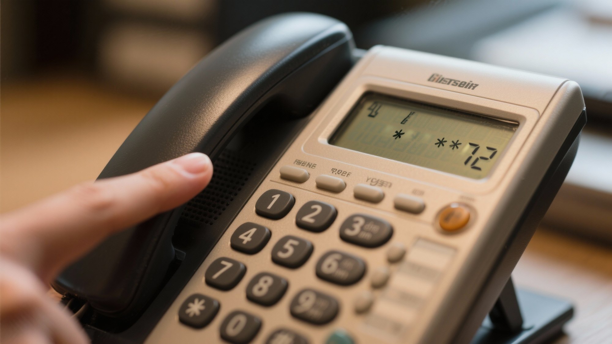 Professional photograph of traditional landline telephone handset with call forwarding code display