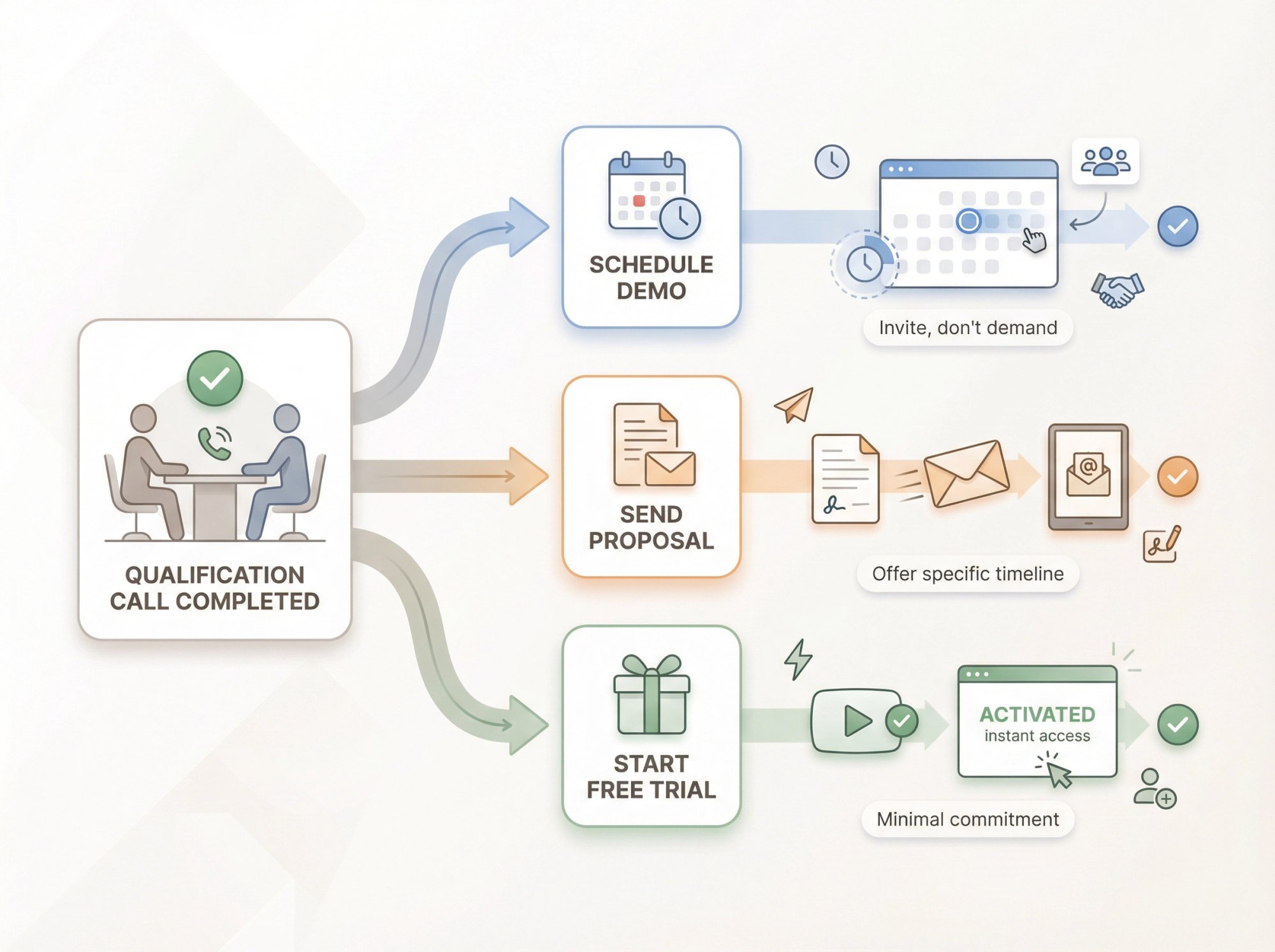 Professional call closing flowchart showing three next-step paths: scheduling demo, sending proposal, or offering trial