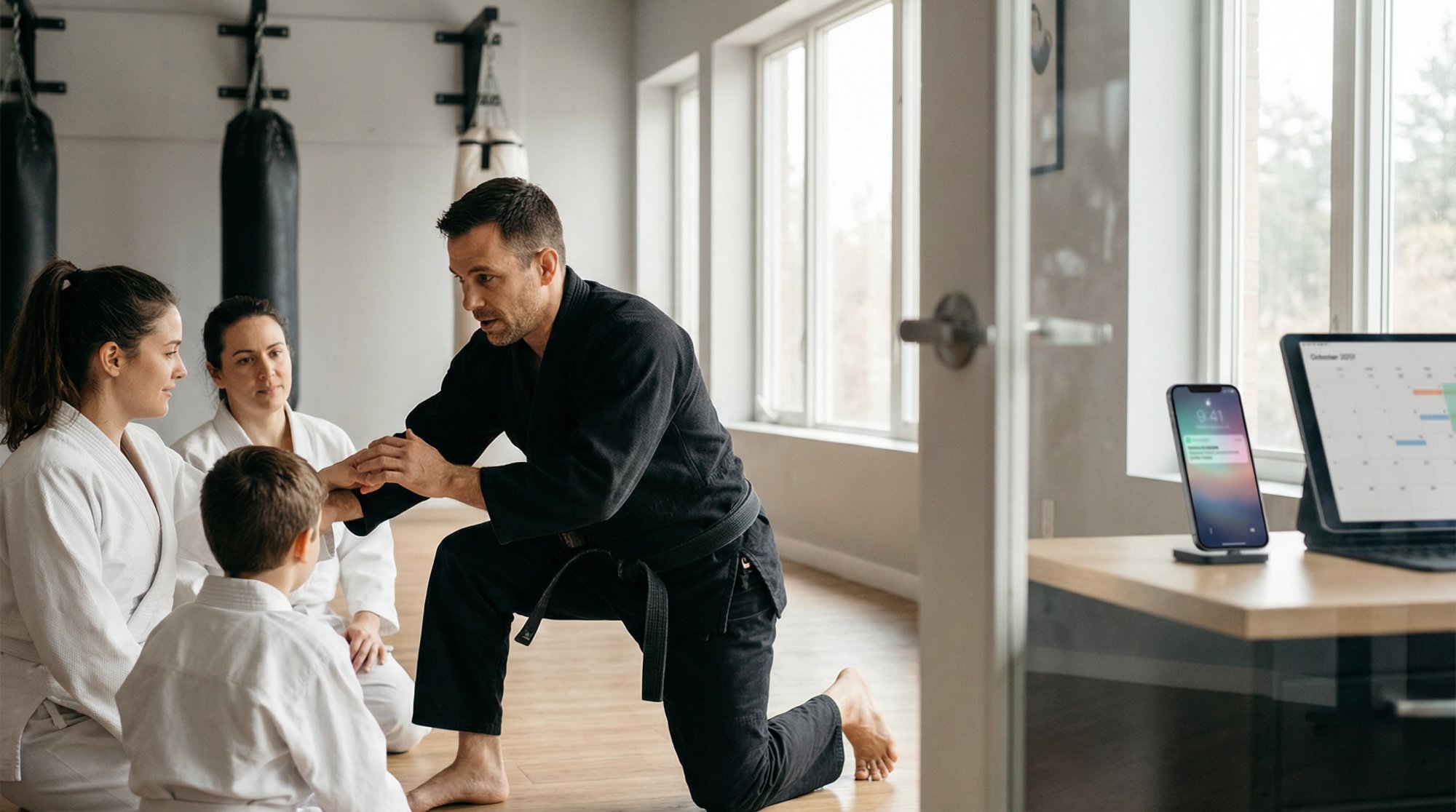 Martial arts instructor focused on teaching students while AI technology handles business calls seamlessly