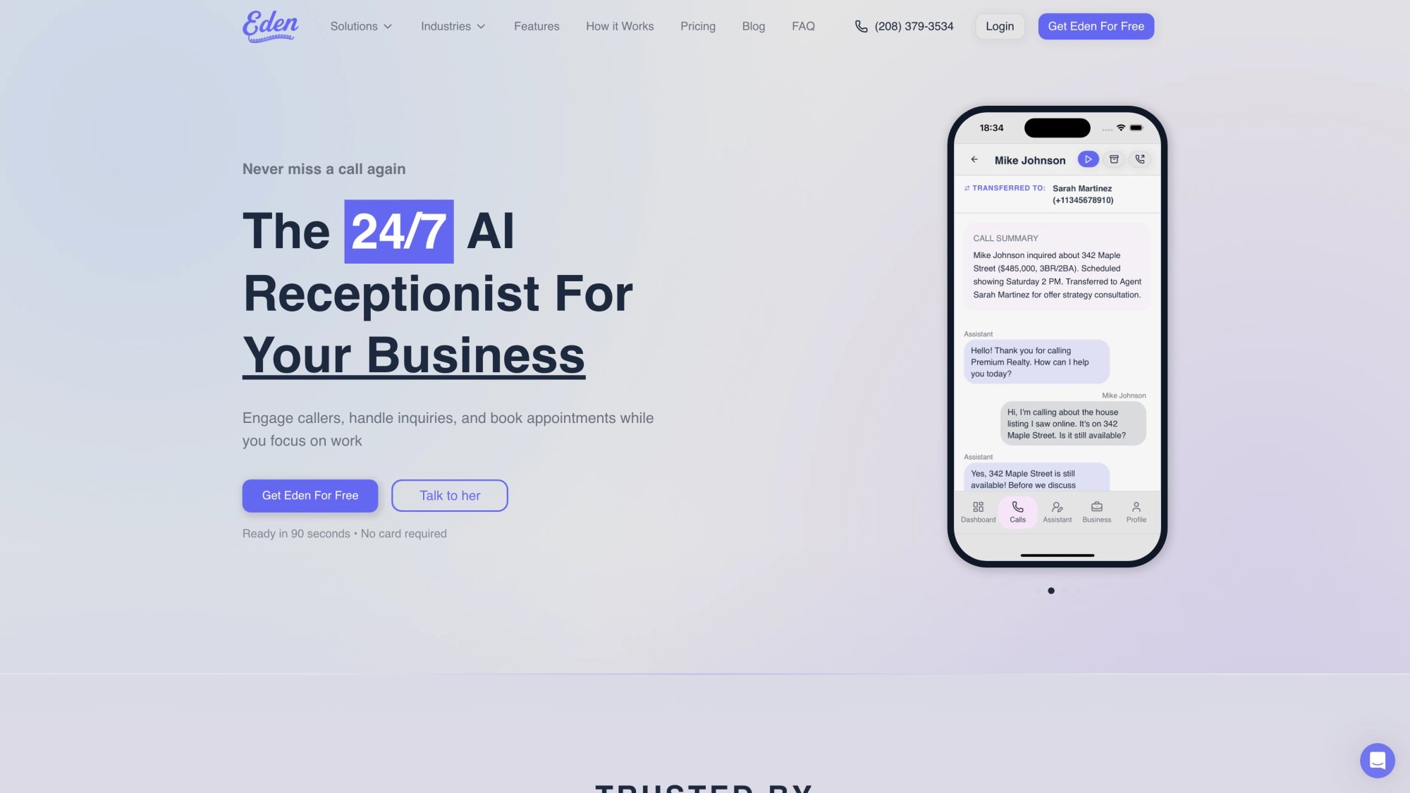 Eden's AI phone receptionist homepage — answer every call, capture every lead, 24/7