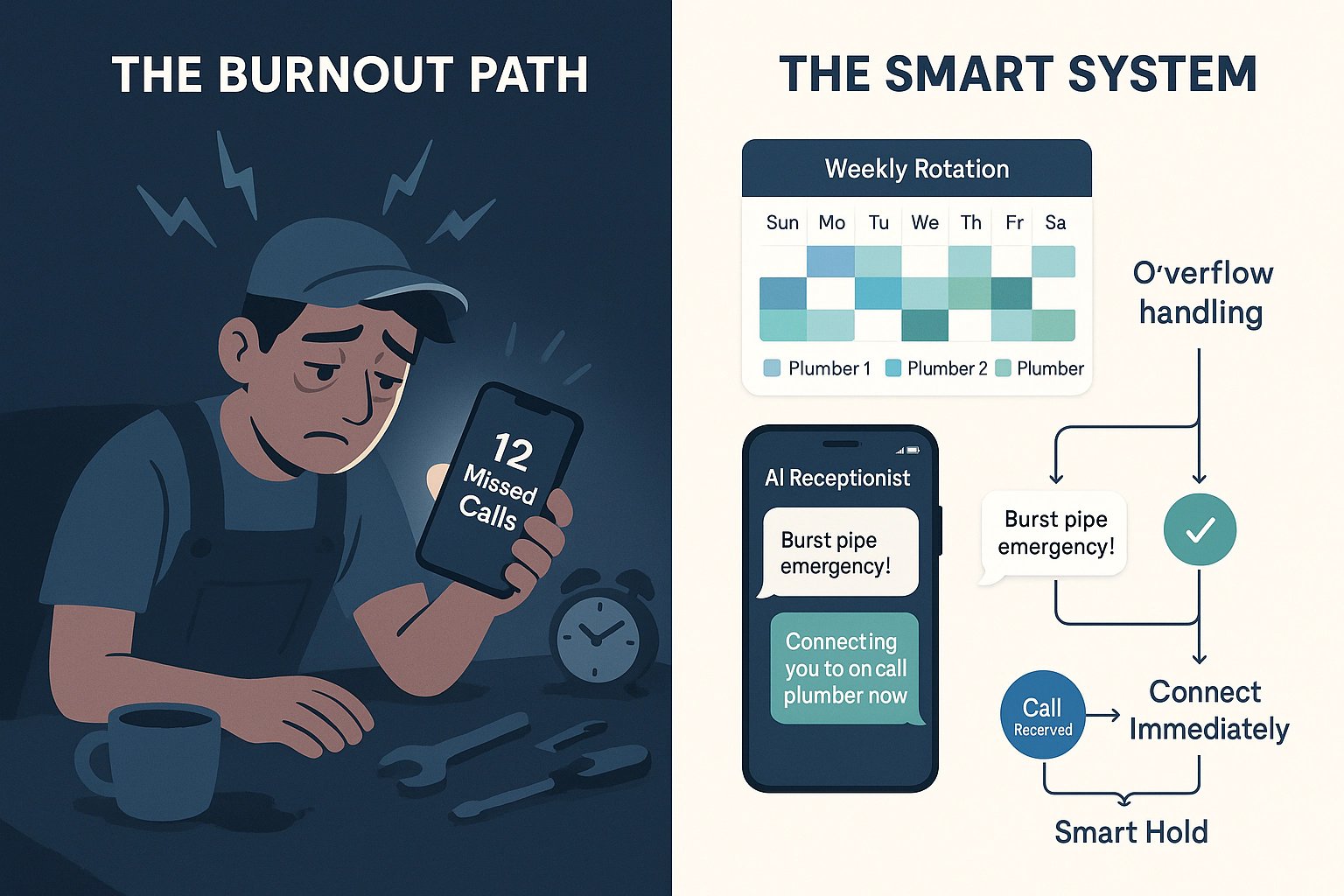 Split-screen comparison showing overwhelmed solo plumber versus organized team rotation with AI call handling system