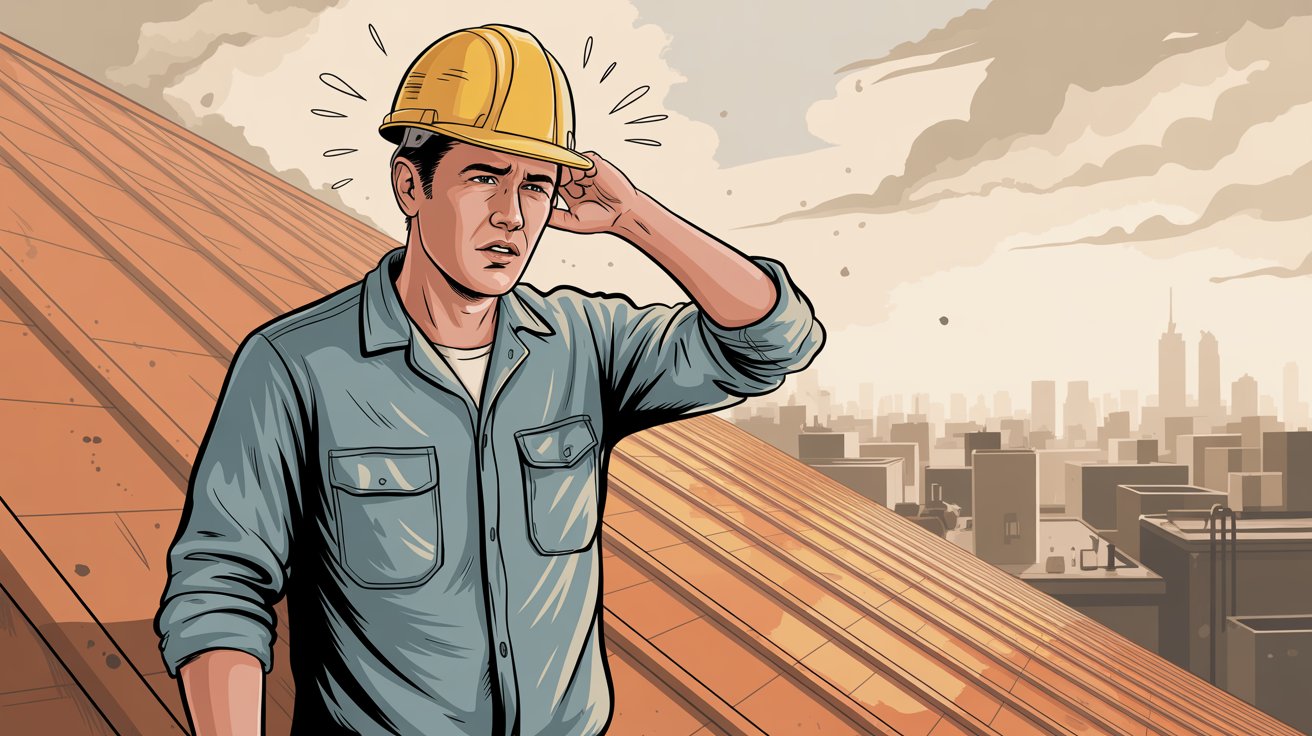 General contractor working on a roof frustrated about missing an important business call